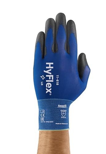 Ansell HyFlex 11-618 Ultra-Thin Industrial Safety Work Gloves for Auto, Machinery, Equipment, Fabrication - Size 10, Blue/Black (12 Pairs)