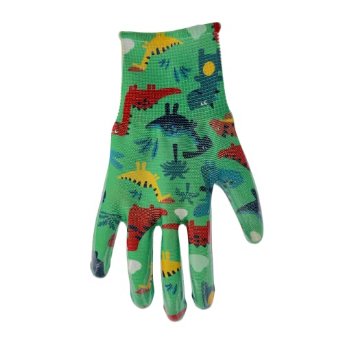 Simply MUD Kids (ages 5-8) Garden Gloves, Nitrile Coating, Lightweight, High Dexterity, Moisture Wicking, Green/Dino Pattern (MD31041M)