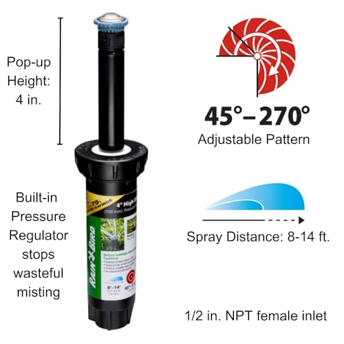 Rain Bird 8SAPROPR Pressure Regulating (PRS) High-Efficiency Pro Rotary Sprinkler, Hand Adjustable 45° - 270° Pattern, 8' - 14' Spray Distance, 4" Pop-up Height