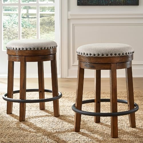Signature Design by Ashley Valebeck Upholstered Swivel Stool, Cushioned Seat, Woven Fabric Upholstery, Wood, 24" H, Brown & Black