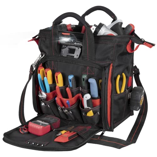 Hultafors Work Gear HTL573 Lighted Technician's Tool Bag, 55 Pockets, Heavy Duty Ballistic Polyester Tool Carrier, Adjustable Swivel Light, Large Center Compartment