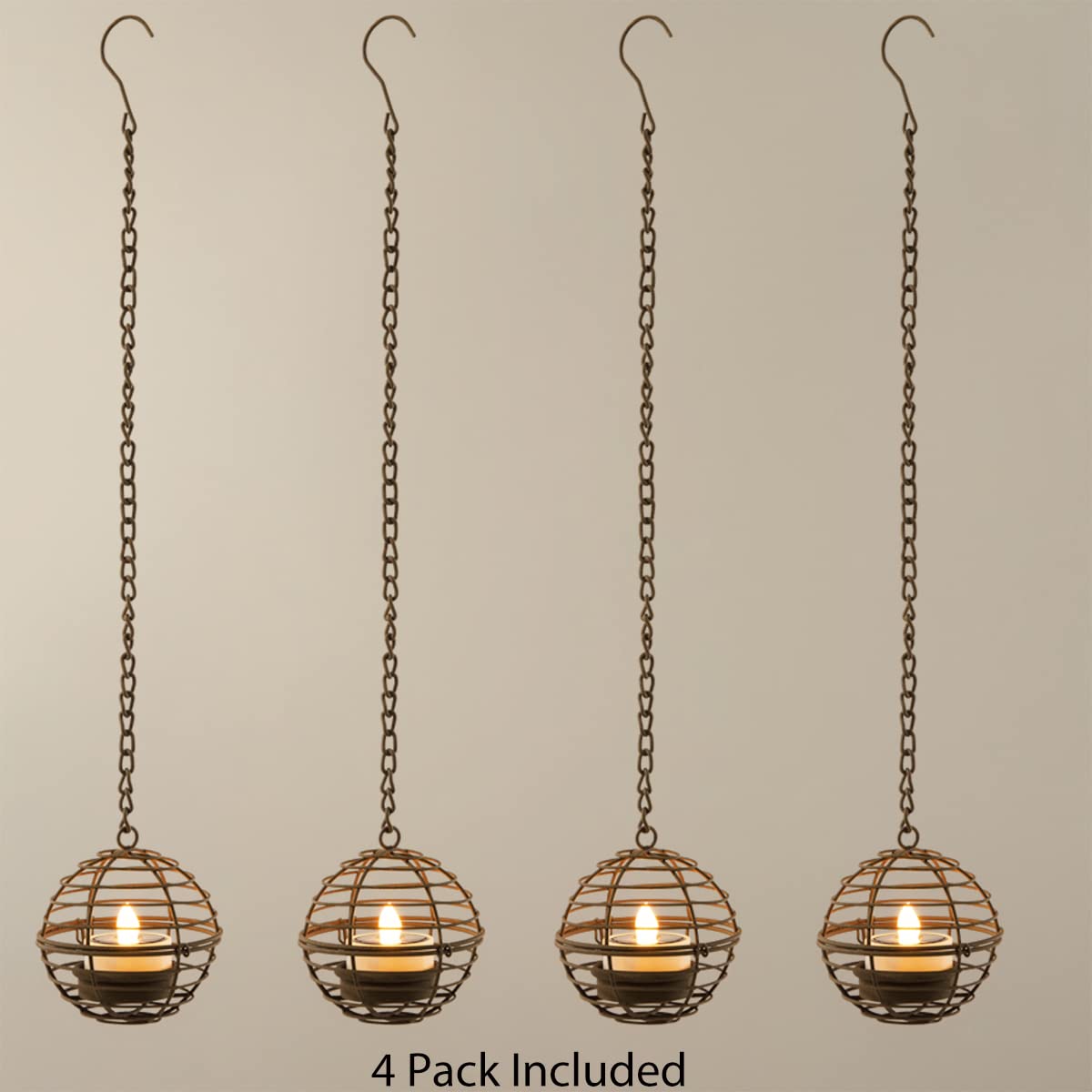 Solar Hanging Lanterns Outdoor Waterproof, Rust Iron Ball Candle Holder with Flickering Solar Powered Tea Lights, Perfect Chargeable Solar Lights for Backyard Patio Garden Fence Tree Decoration-4Pack