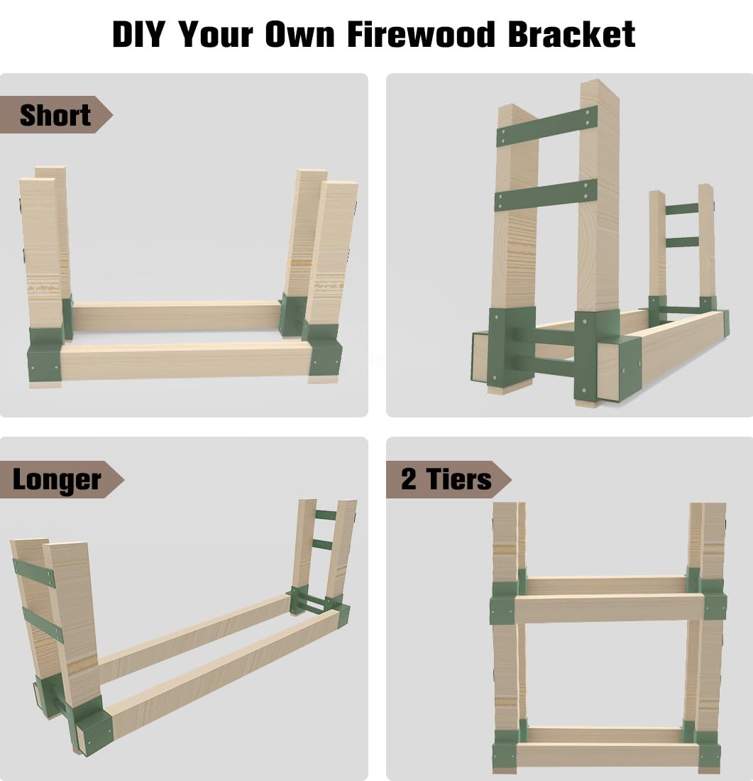 Fiwithy Outdoor Firewood Rack Bracket Kit with 4 Support Bars for Fire Wood Pile Storage, Heavy Duty DIY Fireplace Log Stacking Stand Holder for 2x4 lumber, Green, 1 Pair