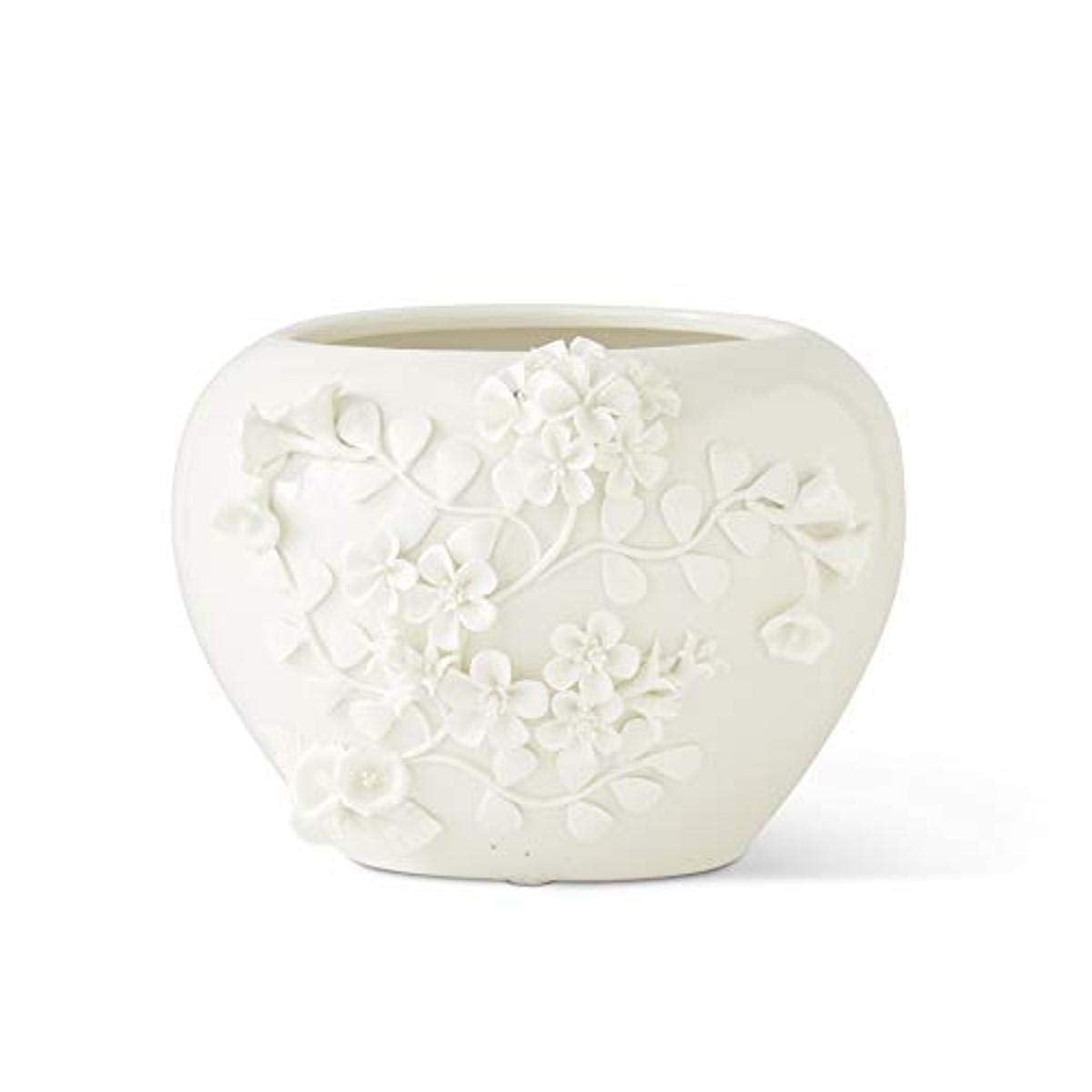 K&K Interiors 6.75 Inch White Ceramic Pot with Raised Jasmine Flowers
