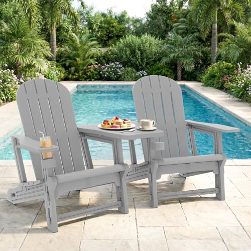 Shintenchi Adirondack Chairs Set of 2,HDPE Adirondack Chairs w/Removable Tablelop & Umbrella Hole,All-Weather Wooden Textured Plastic Outdoor Chairs w/Cup Holders for Garden Backyard Pool,Light Gray
