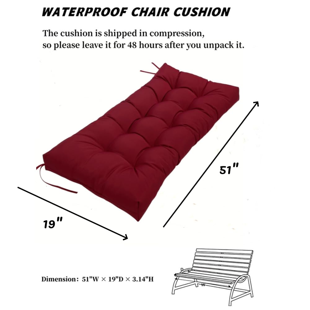 SEAHOME Waterproof Indoor/Outdoor Garden Bench Seat Cushions,Tufted Loveseat Cushion for Patio Furniture,Swing, Wicker, Garden Bench, Indoor, Shoe Storage, Window (51.1 X 19.6 Inch, Dark Red)