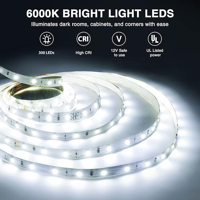 Onforu LED Light Strip,16.4ft Dimmable LED Tape Light, 6000K Daylight White Strip Lighting, 300 LEDs Flexible Vanity Mirror Light, 5M 12V Ribbon Rope Light for Bedroom, Under Cabinet,Kitchen,Christmas