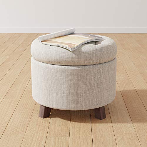 Amazon Basics Round Storage Ottoman Foot Rest, Button Tufted Upholstered Footstool with Storage, Sturdy Linen Fabric for Living Room and Bedroom, 20" x 17", Beige