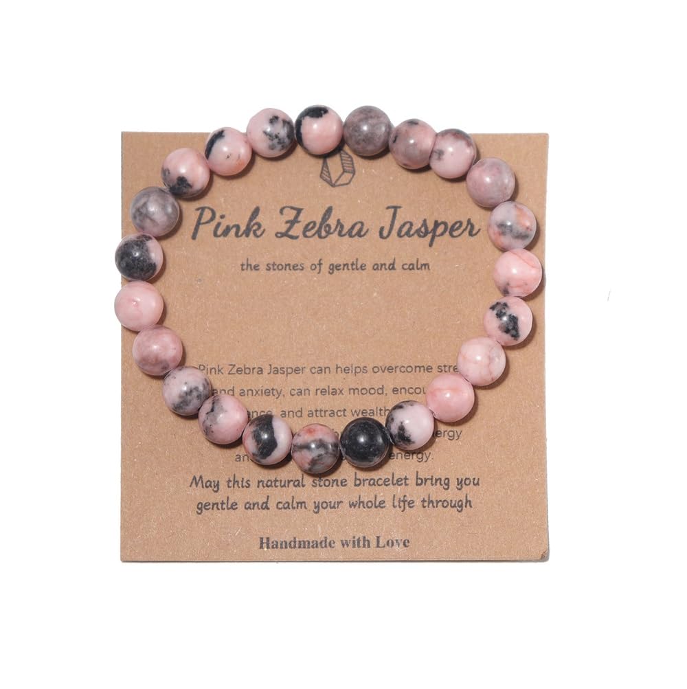 Pingyongchang Stress Relief Anxiety Yoga Bracelet,Crystal Stone Mantra Bracelets for Women Natural Beaded Birthday Gifts Inspirational Jade Bracelet for Men-Pink Quartz