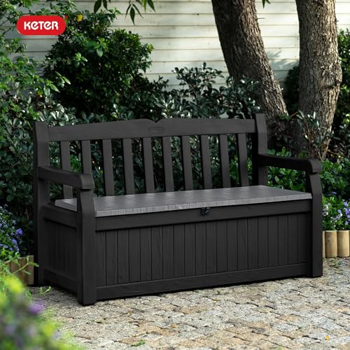 Keter Solana 70 Gallon Storage Bench Deck Box for Patio Furniture, Front Porch Decor and Outdoor Seating – Perfect to Store Garden Tools and Pool Floats, Graphite