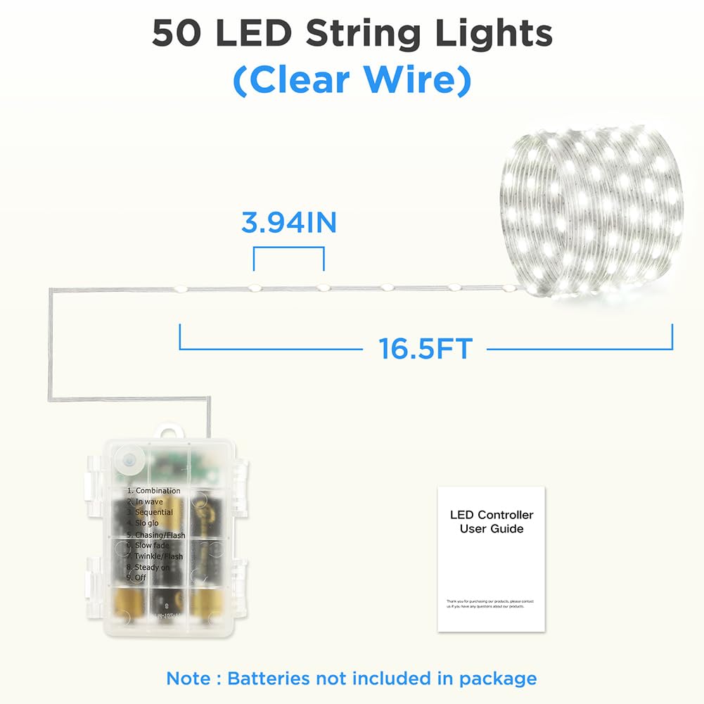 Battery Operated String Lights (4 PACK), 16.5ft 50 LED Twinkle Fairy String Lights Battery Powered with Auto Timer for Indoor Outdoor Christmas Trees Wreath Decoration Party Bedroom Garden- Cool White