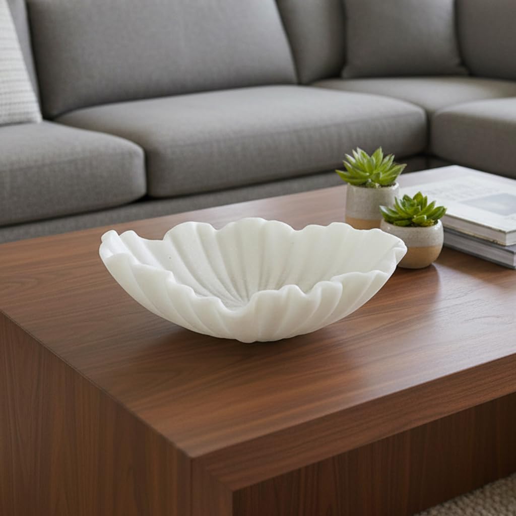 CSjihua Scalloped Sandstone Resin Decorative Bowl - 11.7" Off-white Shell Shaped Catch All Bowl for Entryway Table, Jewelry, Keys, Fruits, Home & Office Centerpiece Decor