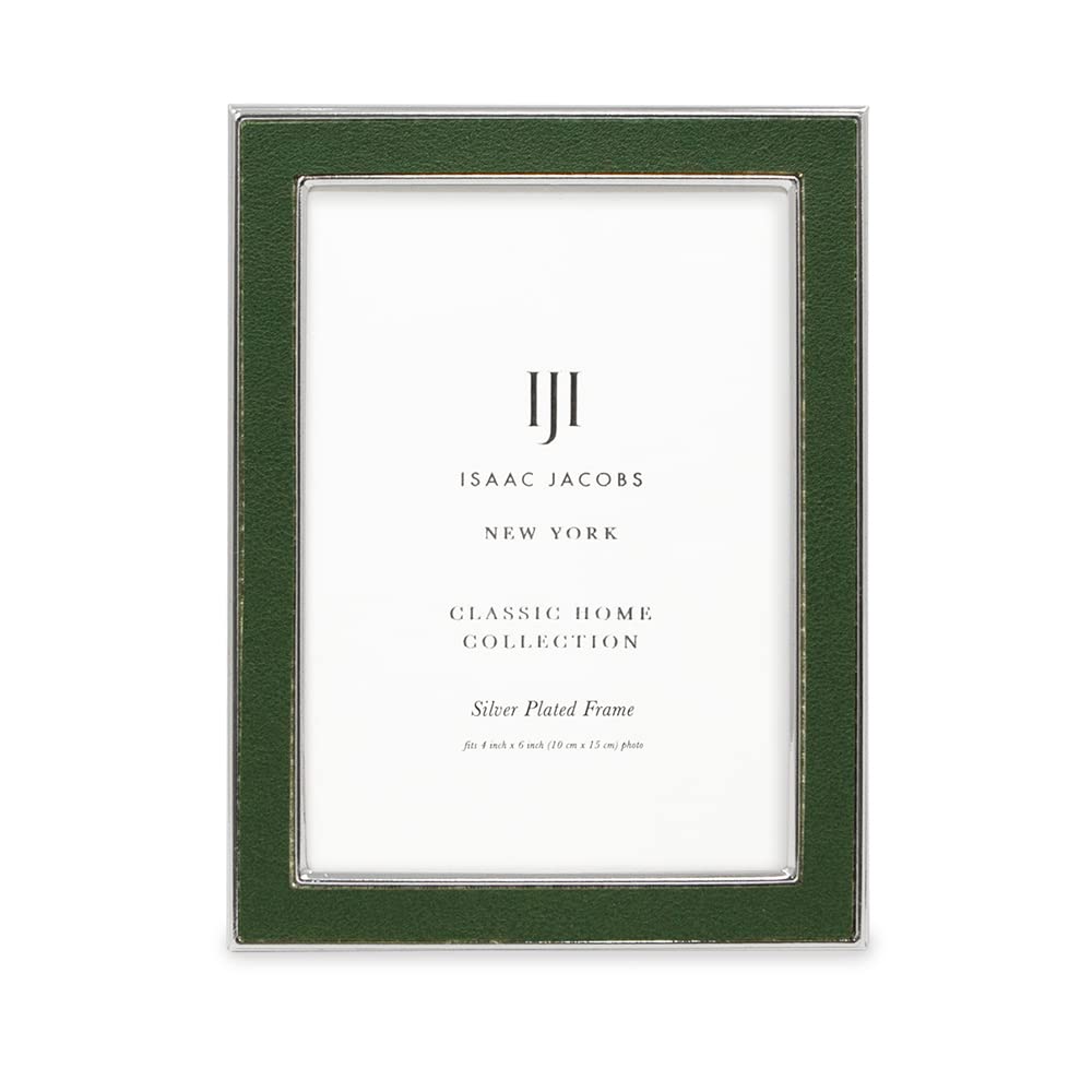 Isaac Jacobs 4x6 Olive Leather with Silver Metal (Vertical & Horizontal) Picture Frame, Suede Border w/Black Fabric Easel, Wall-Mountable, Made For Tabletop, Photo Gallery (4x6, Olive W/Silver)
