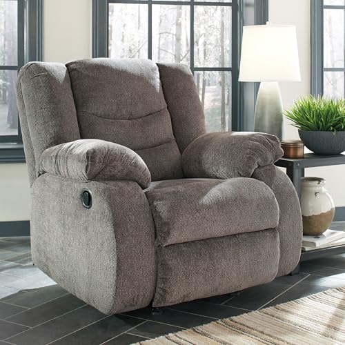 Signature Design by Ashley Tulen Contemporary Rocker Recliner, Gentle Rocking Motion, Pull Tab Reclining, Fabric Upholstery, 39" W x 40" D x 40" H, Dark Gray