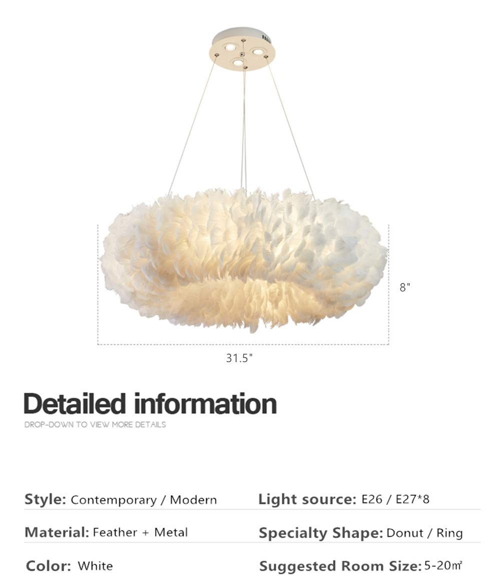 XINDAR White Nordic Feather Chandelier Modern Ceiling Pendant Light Fixture 8 Lights 31.5" Wide Bedroom Girls Room Chandelier Lighting Unique Ring Shaped Hanging Lamp