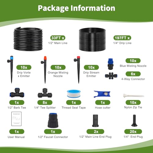 230FT Drip Irrigation System for Garden with 40 Nozzles & Emitters, Quick Connect Garden Watering System with 1/2" & 1/4" Tube, Adjustable Sprinklers Kit for Greenhouse, Lawn, Flower Beds, Raised Bed