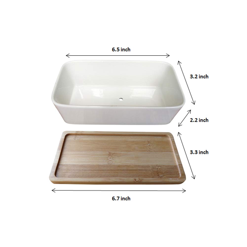 LANKER 6.5 Inch Rectangle White Ceramic Succulent Planter Pot Decorative Cactus Plant Pot Flower Container with Bamboo Tray (Rectangle 6.5 Inch)