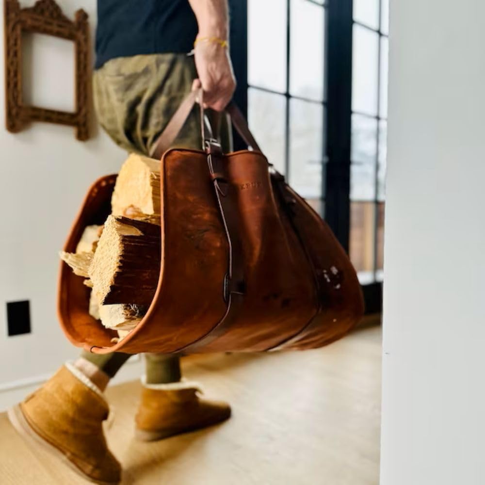 DarkRabbit Leather Firewood Carrier, Cabin Wood Log Carrier, Large Log Tote Bag for Fireplace, Campfire, or Outdoor Fire Pit | Heavy Duty Leather Wood Holder for Winter or Camping Stove 44X20