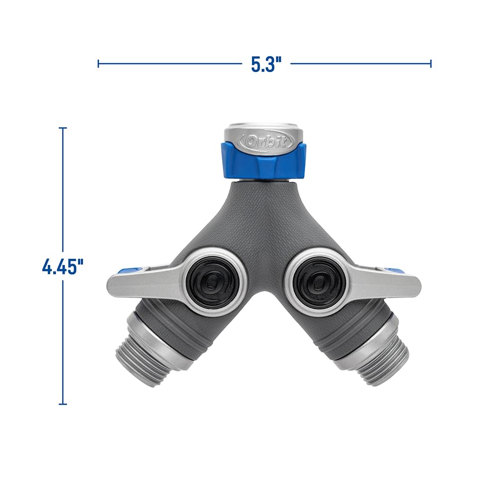 Orbit XL 2-Way Garden Hose Splitter – Dual Valves, Heavy-Duty Zinc Y Connector, Easy-Grip Lever Shut-Off 28294