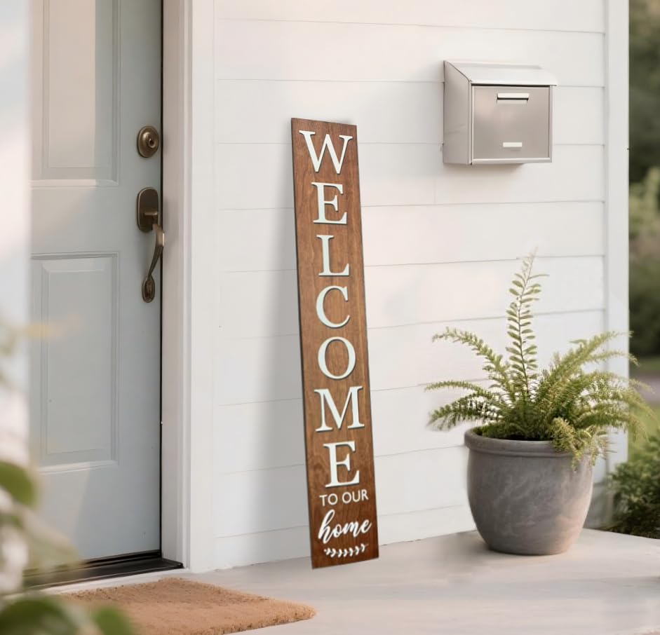 Vertical Wood Welcome Sign for Front Porch Vertical Decorative Sign Front Door Outdoor Indoor Welcome Sign 47.2x7.8 Inch Large Farmhouse Style(Brown)