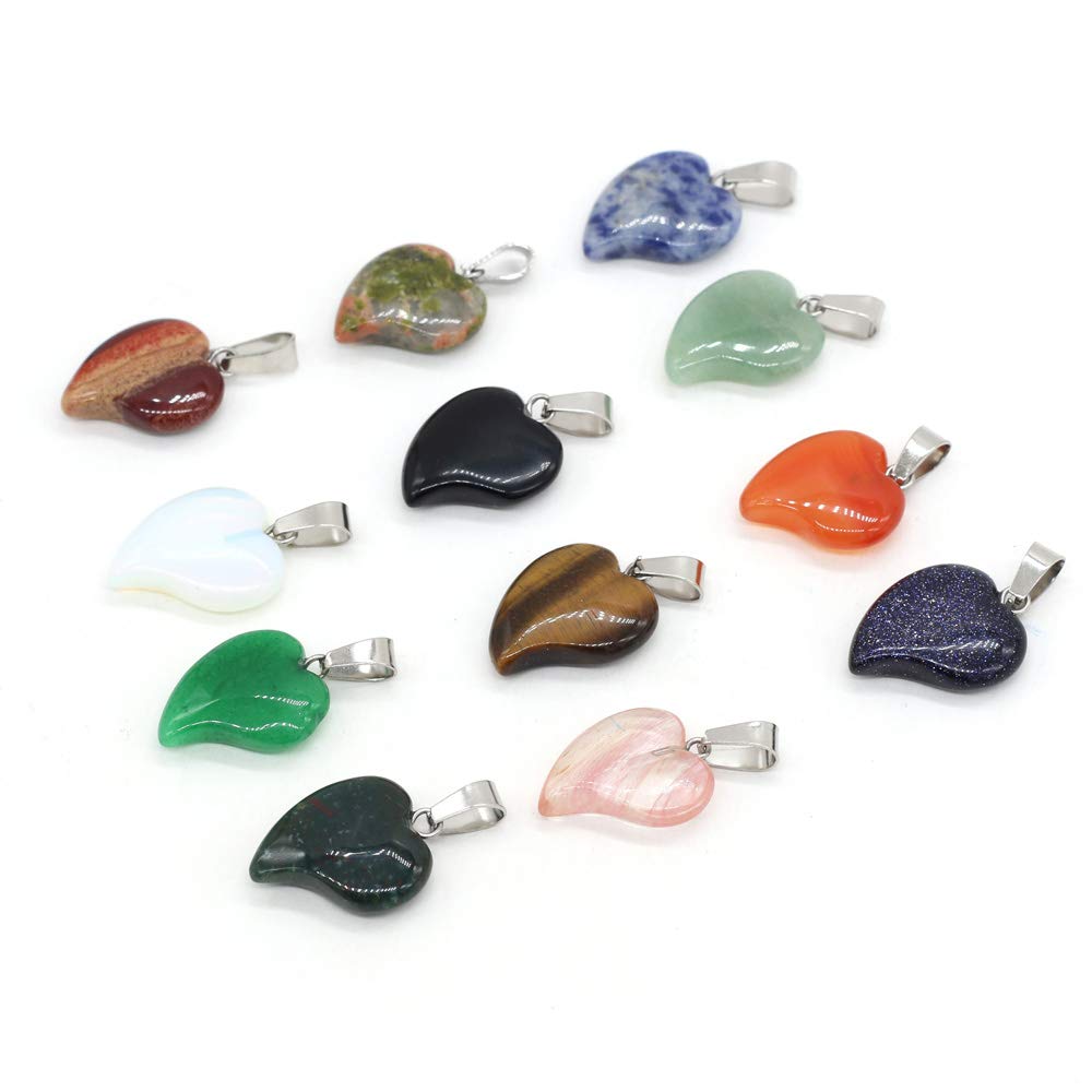 LE SKY 15 Pcs natural stone pendants peach heart shape chakra reiki healing mixed stone crystal agate charms for jewelry making necklace bracelet
