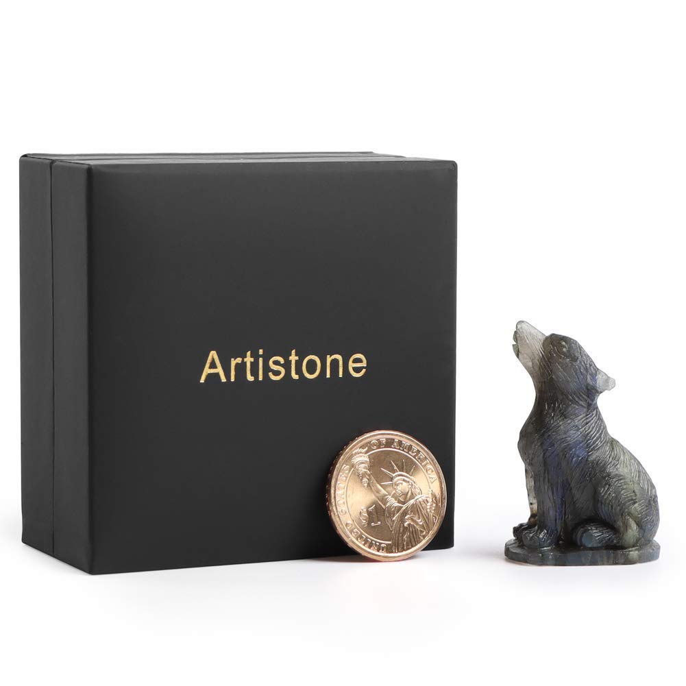 Artistone 2.0" Labradorite Crystal Wolf Statue Decor Hand Carved Gemstone Wolf Gifts Figurines Animal Carving Sculpture Crystal and Healing Stones Home Decoration (Gift Box)