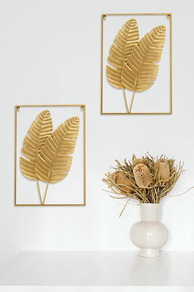 HKaikzo Gold Metal Wall Decor Set of 2, Leaf Wall Hanging Home Decor with Frame, Modern Wall Art Decor Wall Sculptures for Living Room, Bedroom, Office, Hotel, Large 24" X 16"
