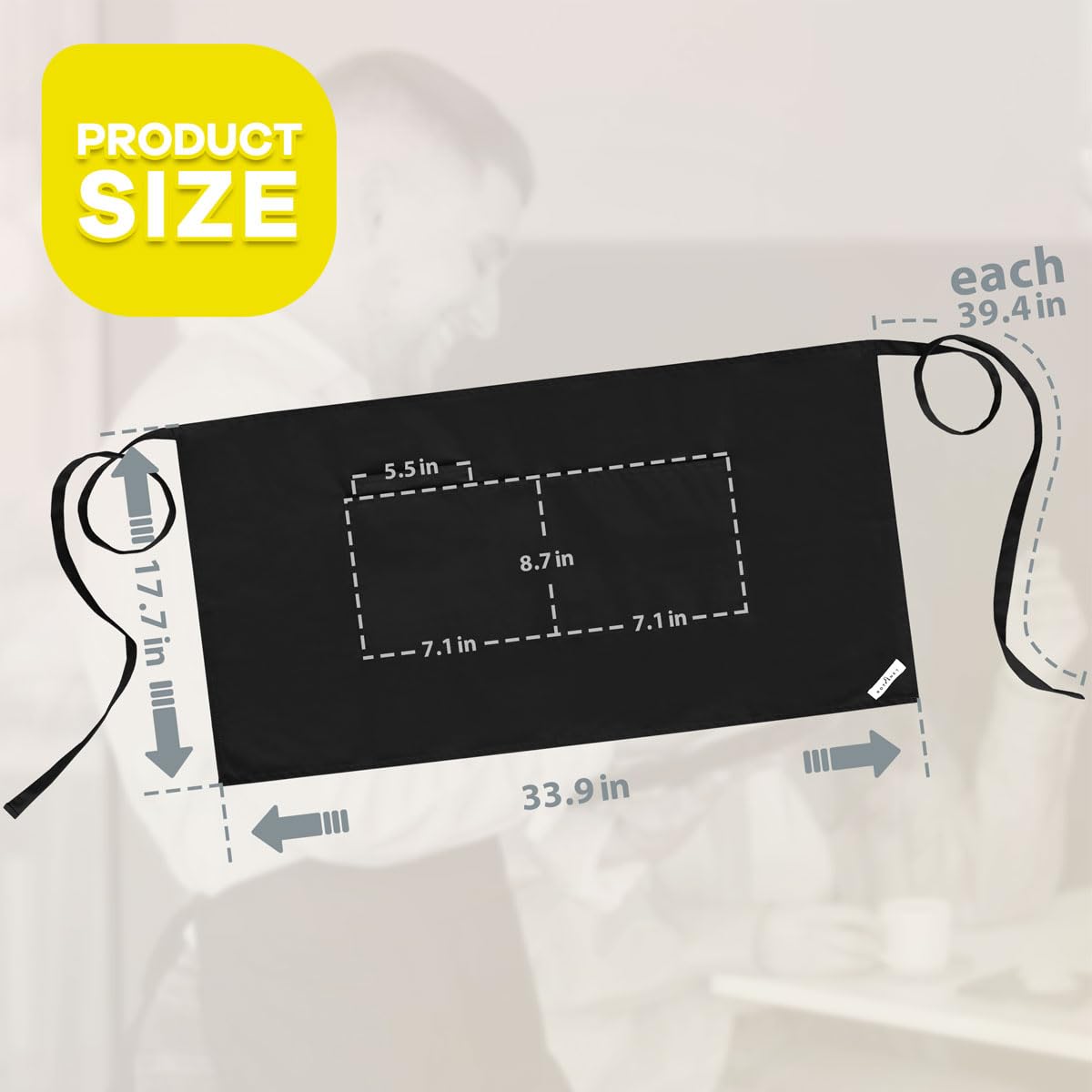 ROTANET Server Apron Black with 3 Pockets 18 Inch Long Waiter Waitress Bistro Half Waist Aprons for Women Men Waterproof