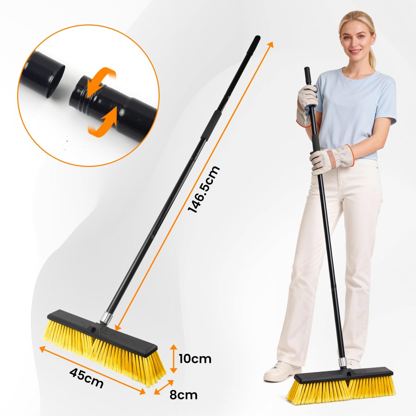 TOMAIX 18 Inches Push Broom Outdoor,Commercial Broom Brush,Stiff Bristle Brush with 61.8 inches Long Handle for Patio Garage Deck Street Shop Warehouse Lawn Driveway -2 Pack