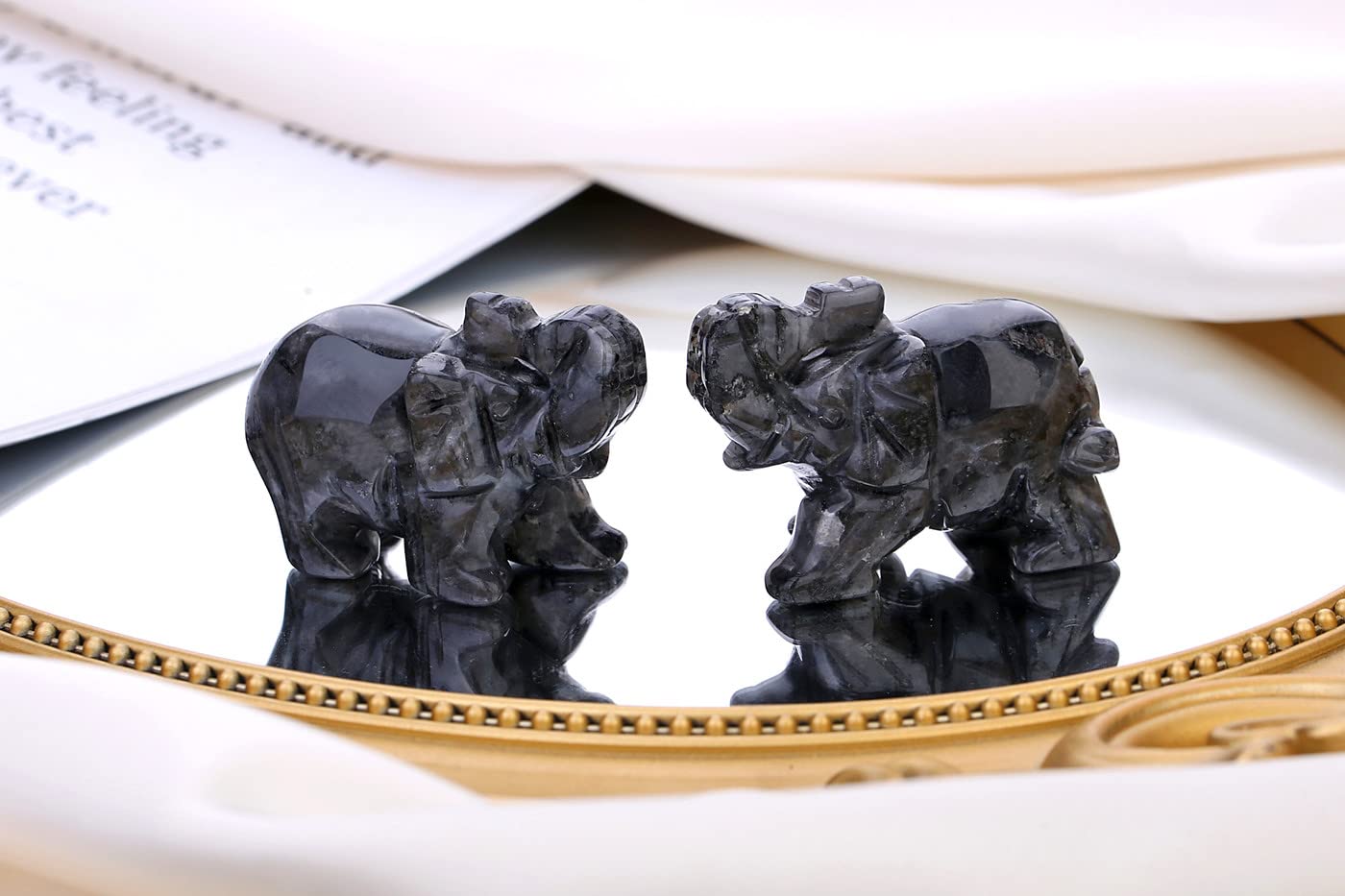 QINJIEJIE Crystals Elephant Decor Black Labradorite Cute Desk Stones Statue Polished Natural Gemstones Luck Decoration Home Room Office Pocket Figurine Meditation Spiritual Stocking Stuffers Gifts