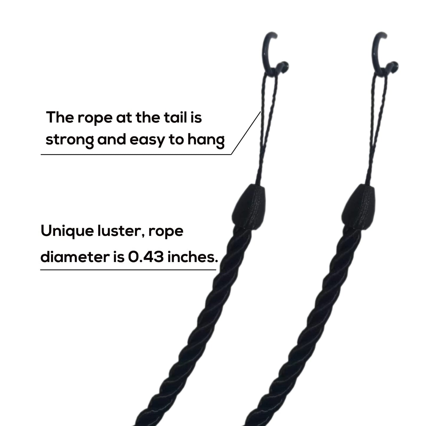 SLIFEOW Curtain Tiebacks Ropes, Decorative Handmade Tie Backs Curtain Holdbacks with 2 Metal Screw Hooks, Holders Cord for Thin or Thick Window Drapes Indoor Outdoor (Black, 2)