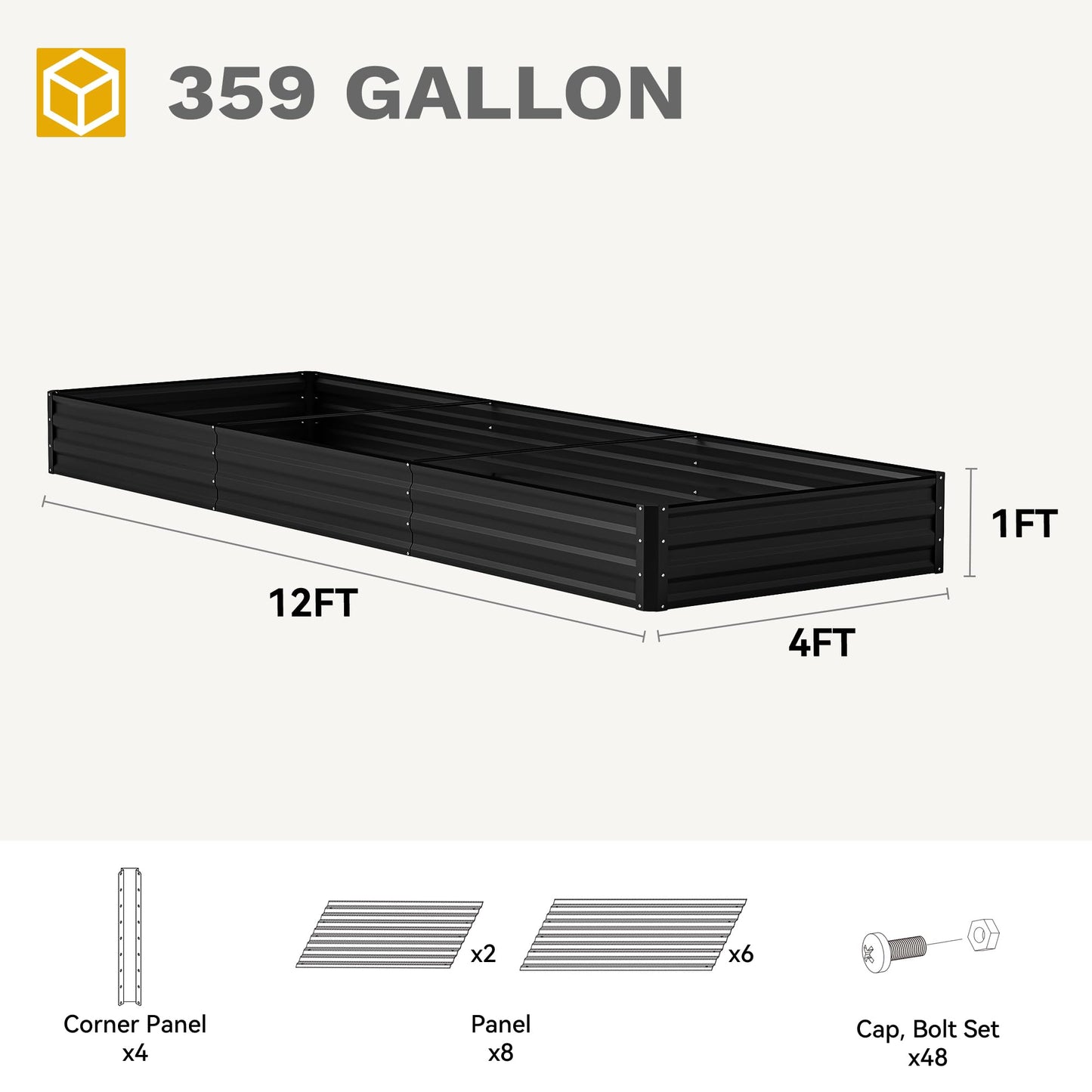 DWVO 12 x 4 x 1 FT Raised Garden Bed Kit, Outdoor Galvanized Flower Bed with Safety Rubber and Gloves, Large Metal Planter Box for Vegetables, Flowers, Herbs, Fruits, Black