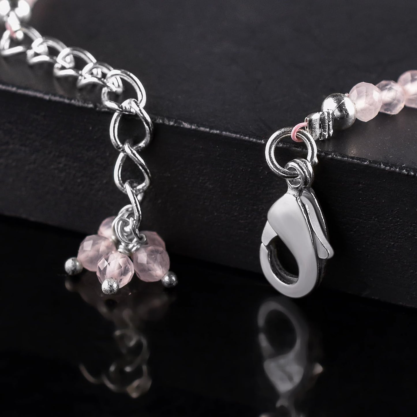 QNAVIC Pink Rose Quartz Micro Round Beads Dainty Bracelet for Women, Birthstone Bracelet jewelry Chakra Healing Crystals, Silver Plated Chain 8 inch Birthday Gift for Her