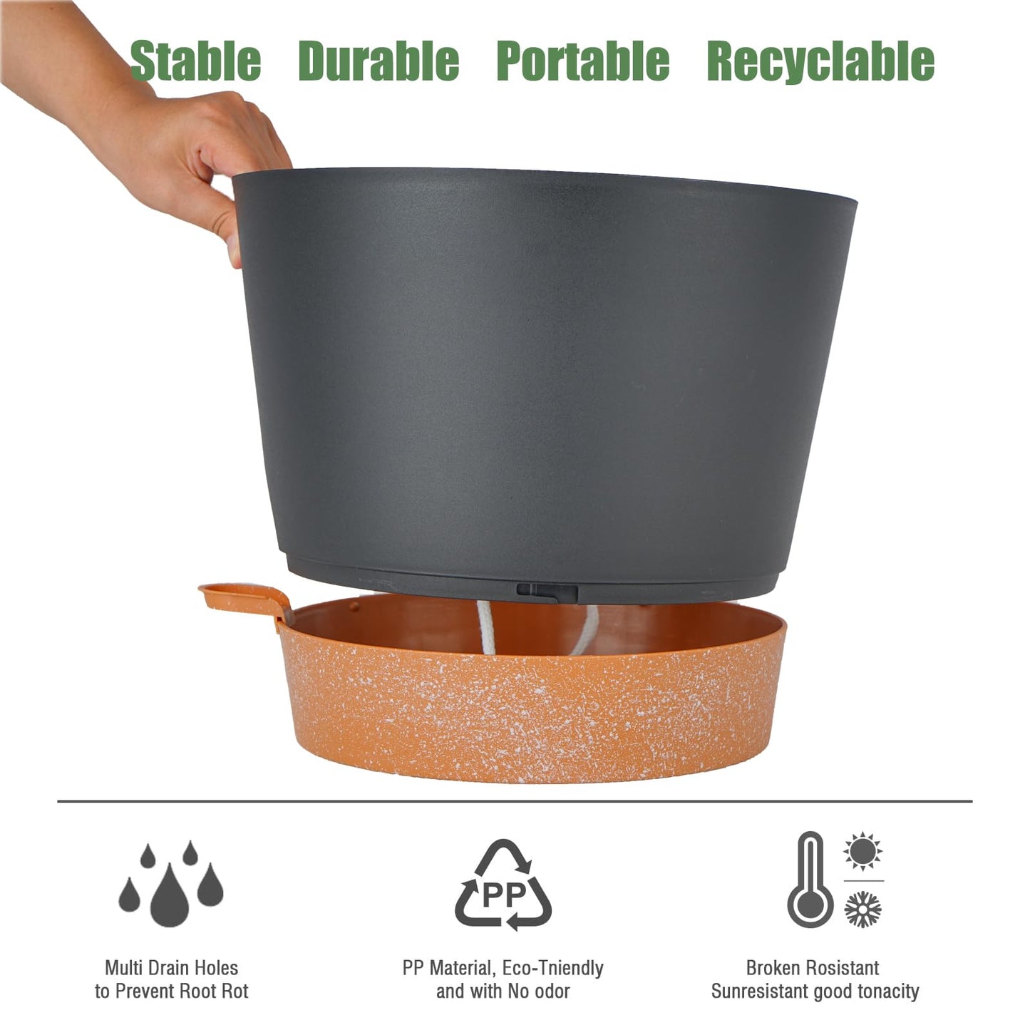 SwinDuck 12inch Large Self Watering Plant Pot, Plastic Cylinder Planter with 60Oz Deep Reservoir and Saucer for Indoor Outdoor Plants Flowers Houseplants, Black with Brown