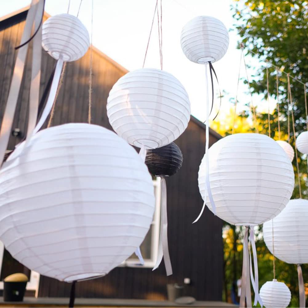 YUNXUAN Paper Lanterns Decorative, White Hanging Round Chinese Lanterns with Lights for Wedding Anniversary Birthday Party 12 LED Light Pack of 12