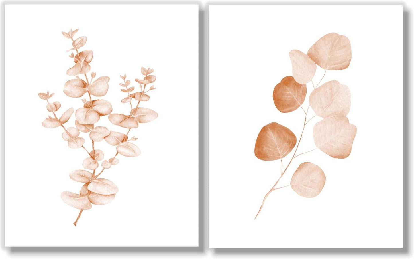 Sepia Eucalyptus Botanical Wall Art - Set of 4 Watercolor Leaf Prints on Linen Embossed Paper - Neutral Beige Coastal Farmhouse Decor - Unframed