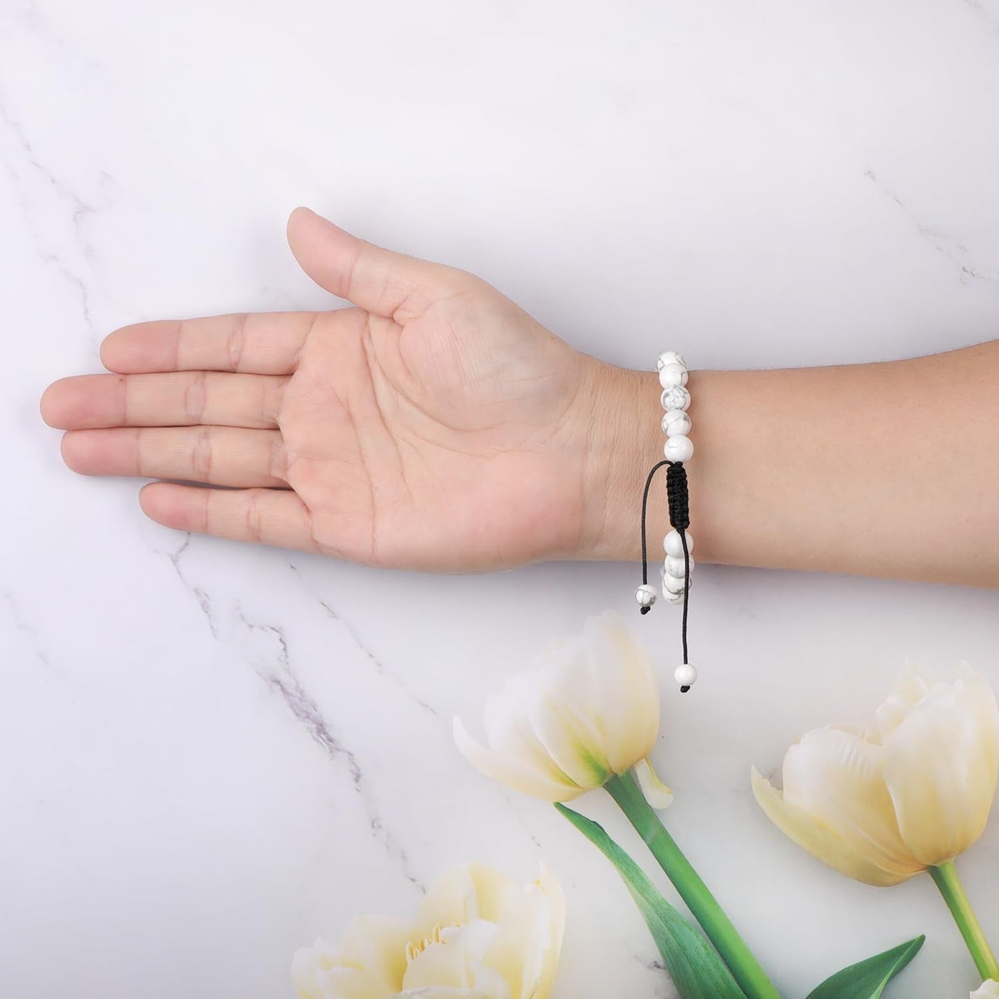 AD Beads 8mm Howlite - Calmness for Sleep - Handmade Natural Stone Crystal Bracelet with Adjustable Macrame String - Yoga Healing Power Energy Gifts for Men and Women