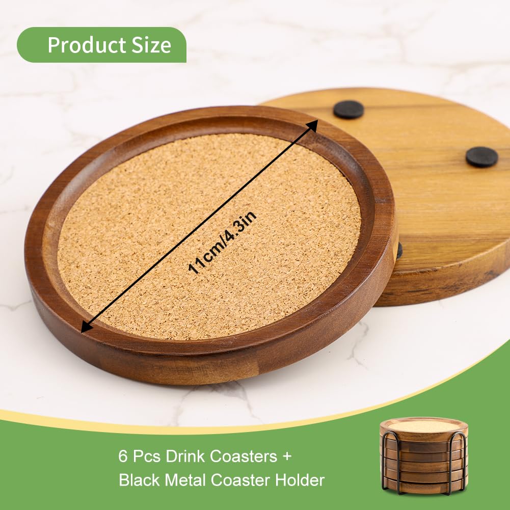 WLWNWFT Wood Cork Coasters for Drinks Absorbent with Holder, WLWNWFT Acacia Wood Coaster Sets Rustic Farmhouse for Coffee Table Dining Table Wooden Table Coasters for Desk, Set of 6 4.33in