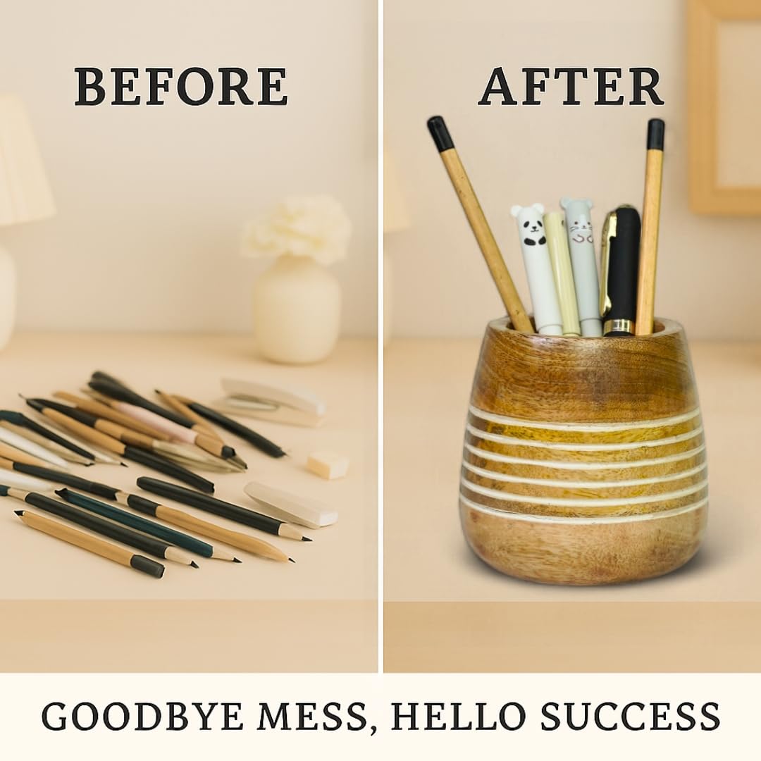 Mie Creations Wooden Pencil Cup Pen Holder for Desk Table | Farmhouse Wood Office Desktop Organizer, Paintbrush Stand, Makeup Brush Holder | Handmade Mothers Day Gifts for Mom- 4'' White Lining Design