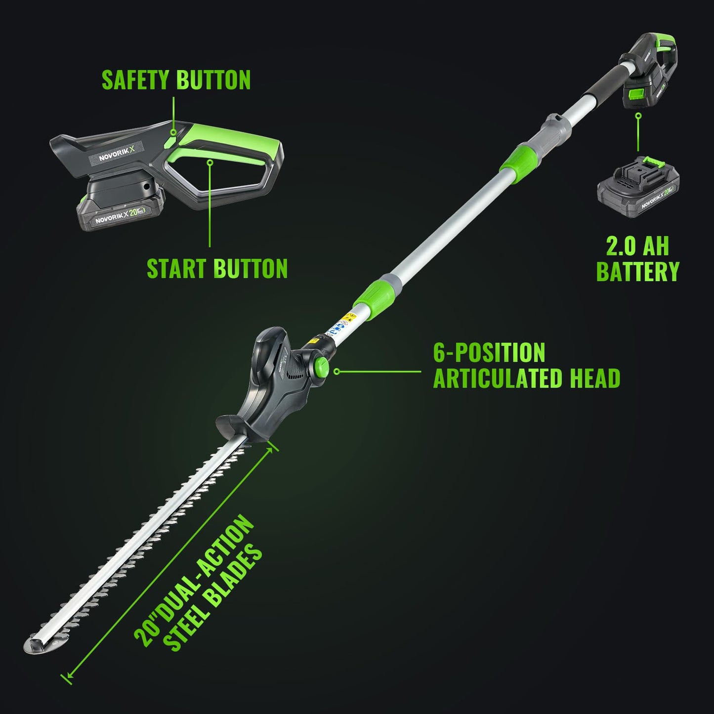 NovorikX Pole Hedge Trimmer Cordless 20V with Battery Powered 20-Inch Electric Hedge Trimmers 15-FT Reach with Extension Pole Multiple Angles for Shrubs Pruning Bush Trimmer