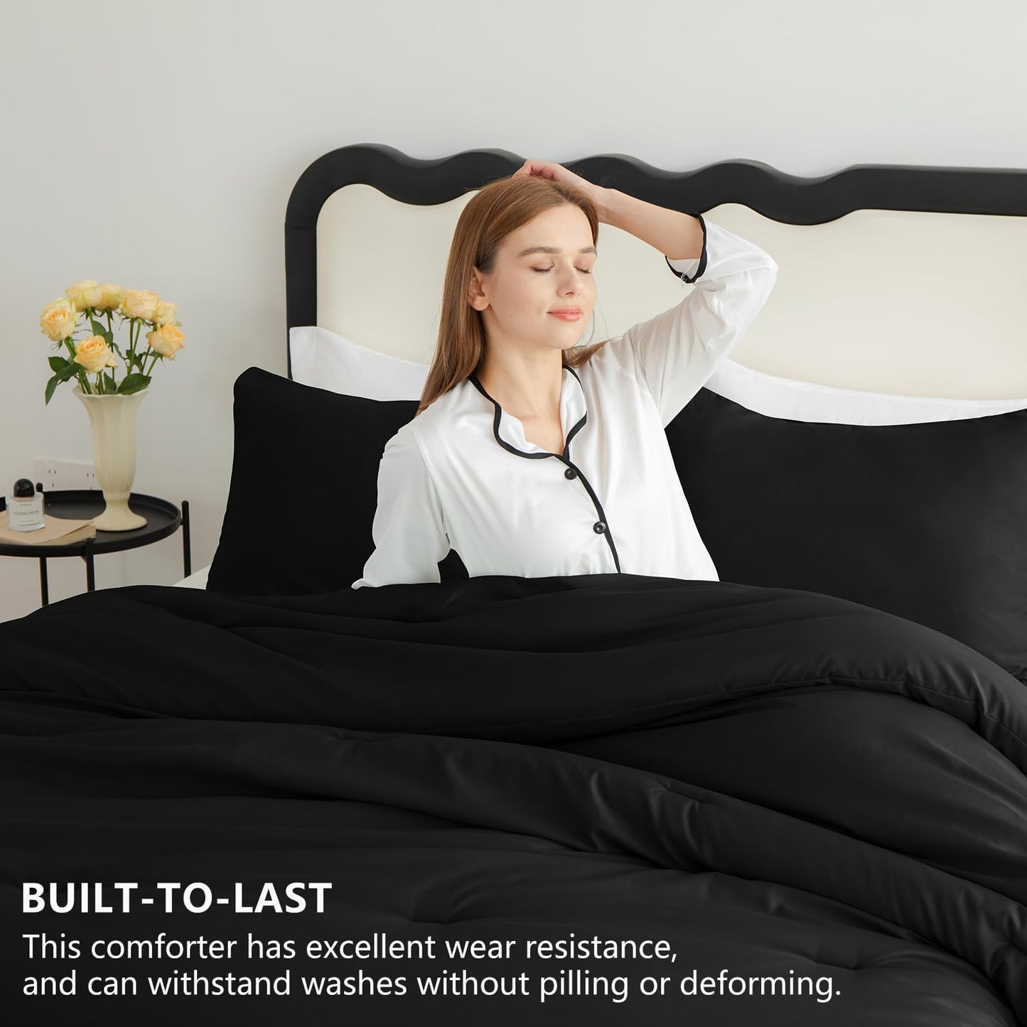 CozyLux Queen Comforter Set Black, 3 Pieces Solid Comforters Queen Size Breathable Quilted Bedding Sets, Luxury Soft Microfiber Down Alternative Comforter for All Season (1 Comforter & 2 Pillowcases)