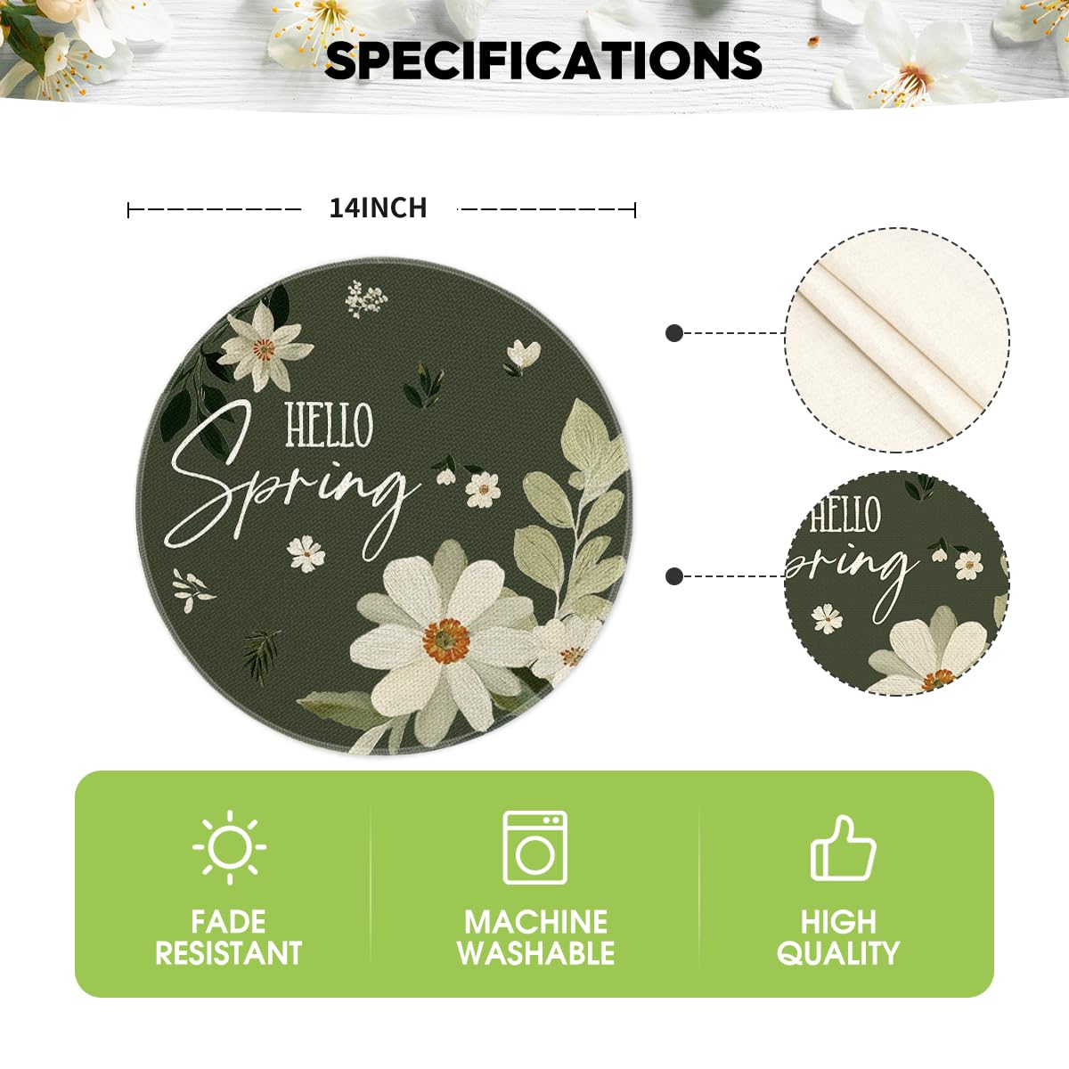 Artoid Mode Daisy Flowers Round Hello Spring Placemats Set of 4, 14 Inch Seasonal Summer Holiday Table Mats for Party Kitchen Dining Decoration
