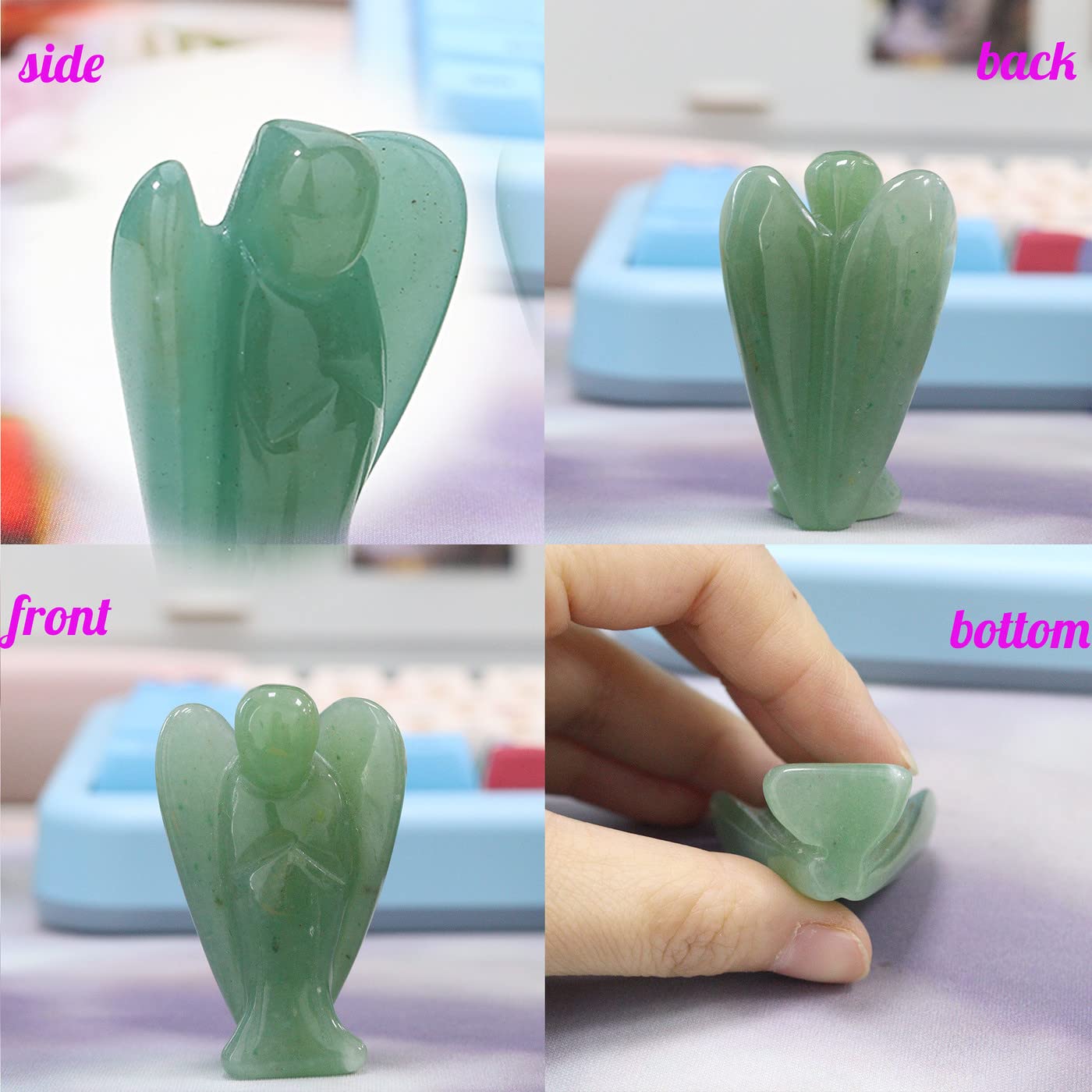 YATOJUZI 2" Green Aventurine Angel Decor Healing Crystals Polished Natural Stone Sculpture Statue Hand Carved Cute Figurines Energy Reiki Home Room Office Desk Decoration Guardian Gifts for Women Men