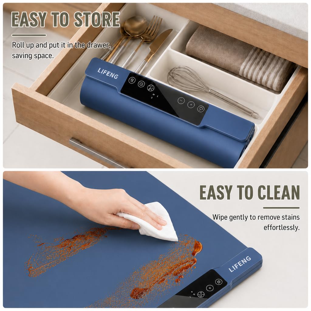 LIFENG Food Warming Mat, Extra Large 35.43×13.39 Inch Silicone Electric Warming Tray, Rollable Portable with 7 Temp Settings, Even Heating Easy Clean for Holiday Party Buffet Daily Use, Blue