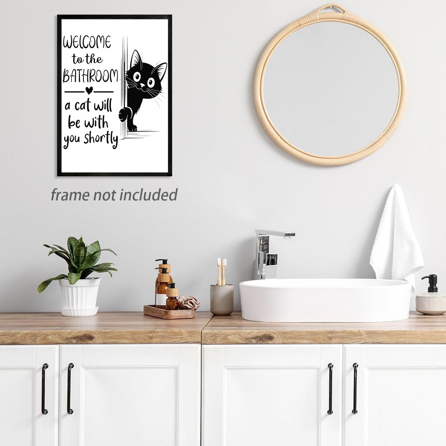HNNXAR Funny Cat Bathroom Wall Art,Welcome To The Bathroom A Cat Will Be With You Shortly Paintings Posters,Black and White Funny Canvas Pictures Prints,Cute Black Cat Wall Decor 12x16in Unframed