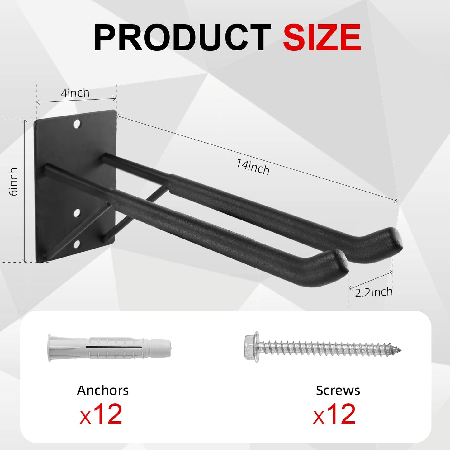 FancyEagle 14" Large Heavy Duty Garage Hooks, 2-Pack Steel Garage Storage Hooks with Support Rods, Utility Wall Mount Hangers for Power Tools, Car Tires, Ladders, Chairs, Garden Tools and More