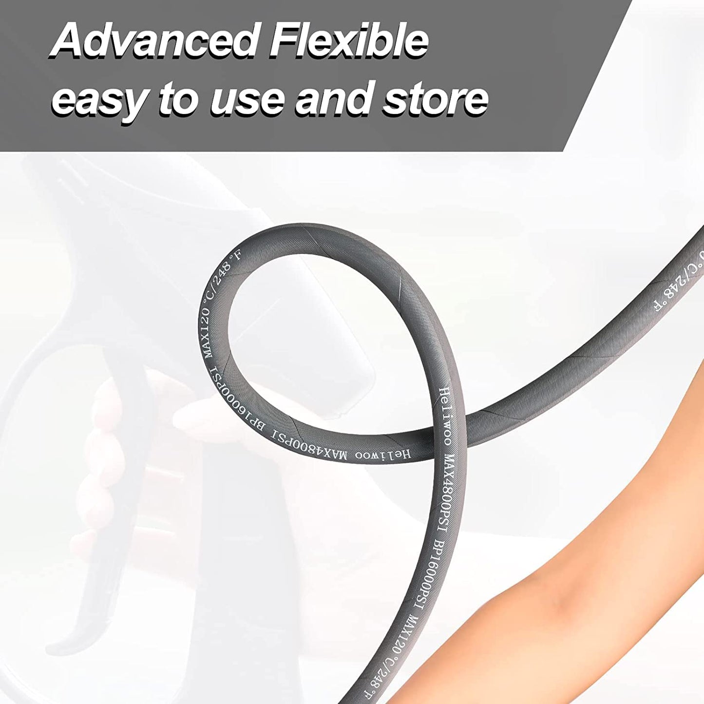 Heliwoo 3/8'' Pressure Washer Hose 50 FT, Hot and Cold Water Power Washer Hose Max 248°F, Commercial Industrial Grade Steel Wire Braided Kink Proof Extension Hose with 3/8 Quick Connect 4800 PSI