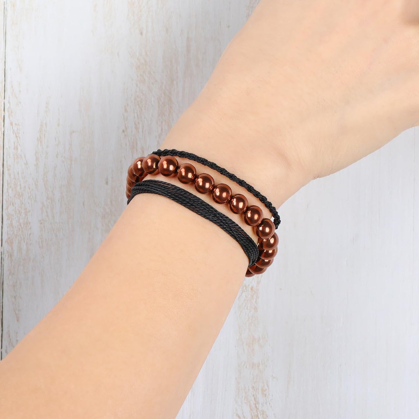 QOGIR Handmade Healing Bracelet,8mm Natural Copper Hematite Gem Stone Beads Bracelet for Men Women Gifts with 2PCS Size Adjustable Rope Bracelets