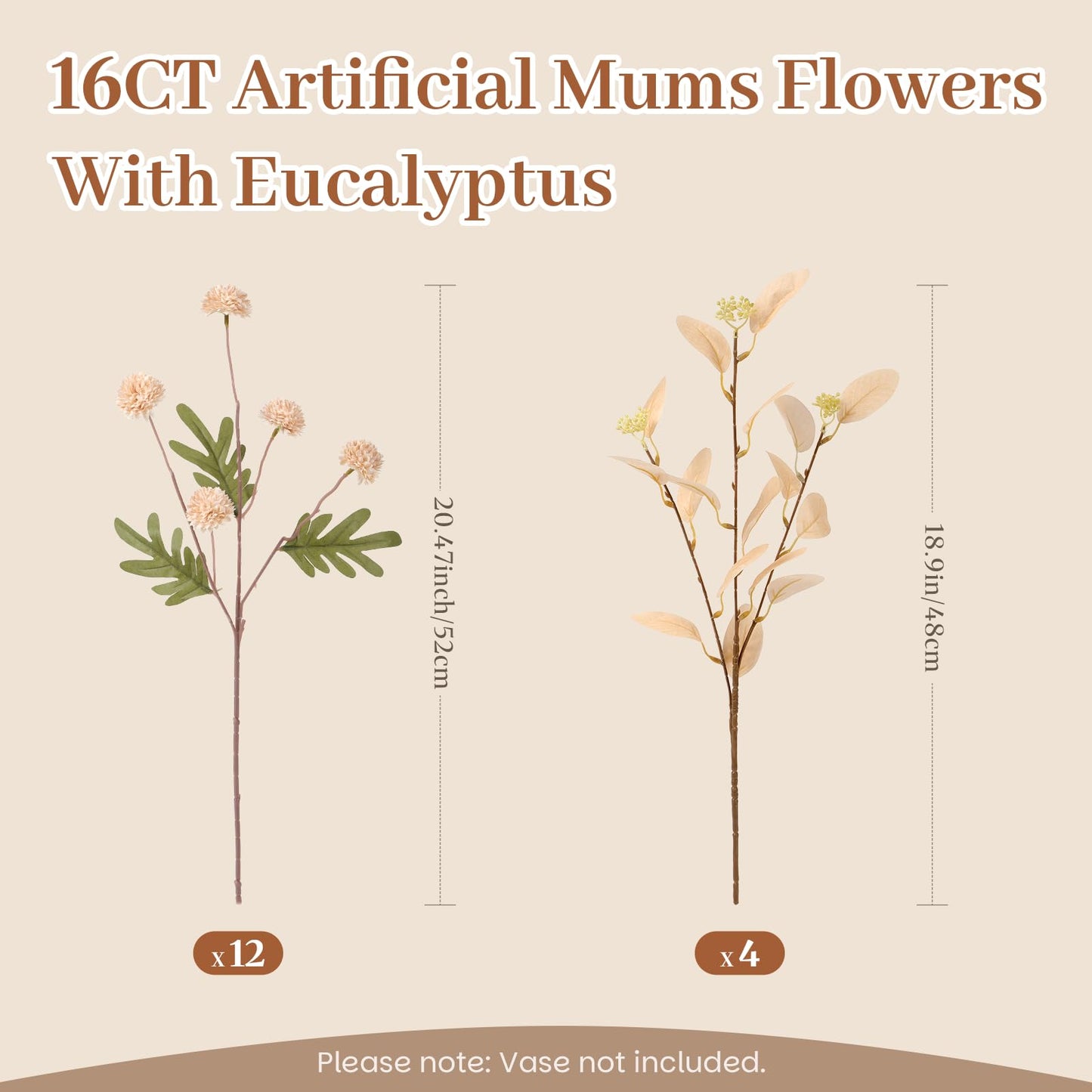 Alupssuc 16PCS Faux Silk Pompon Mums Artificial Flowers with Eucalyptus, Fake Chrysanthemum Floral for DIY Vase Arrangement, Long Stem Dining Table Centerpiece Home Decor, Beige