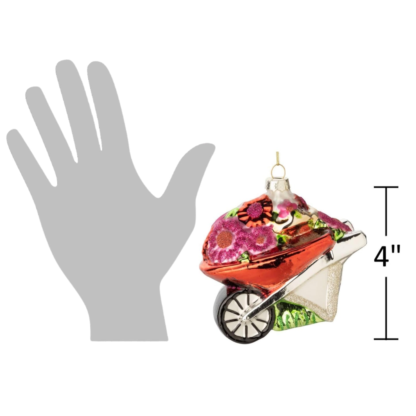 The Bridge Collection Glass Gardening Wheelbarrow Christmas Ornament – Colorful Wheelbarrow Filled with Glittered Garden Flowers